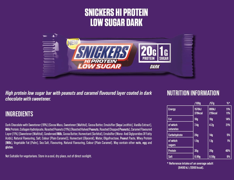 Шоколадный батончик Snickers Hi Protein Low Sugar Dark Chocolate Bar 57г 10341 фото