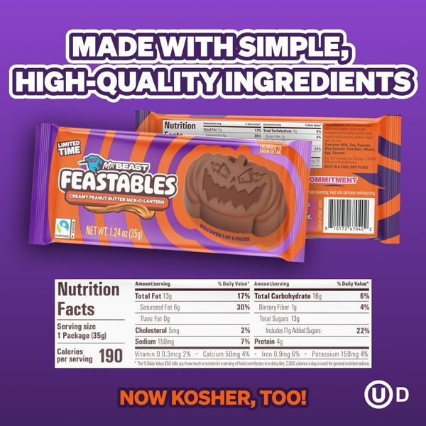 Шоколадні цукерки Feastables MrBeast Peanut Butter Jack-O-Lantern Pumpkin 35г 9367 фото