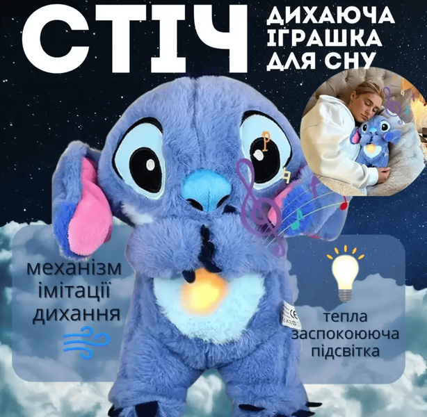 Дихаюча іграшка-нічник Стіч Stitch зі світлом і звуком, 27 см 9218 фото