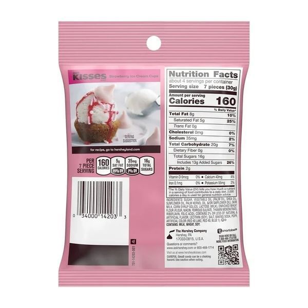 Шоколадные конфеты Hershey's Kisses Strawberry Ice Cream Cone Flavored Candy Bag 118 г 7351 фото