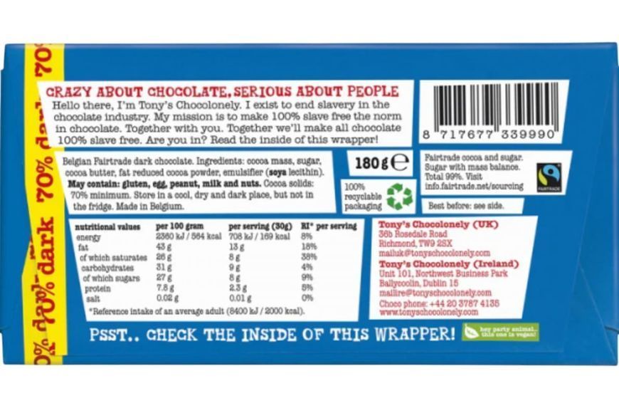 Шоколад Tony's Chocolonely Dark Chocolate 70% Pure 180г 10907 фото