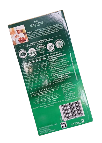 Молочний шоколад із грушевим лікером Lindt Williams Premium Chocolate 100г 7841 фото