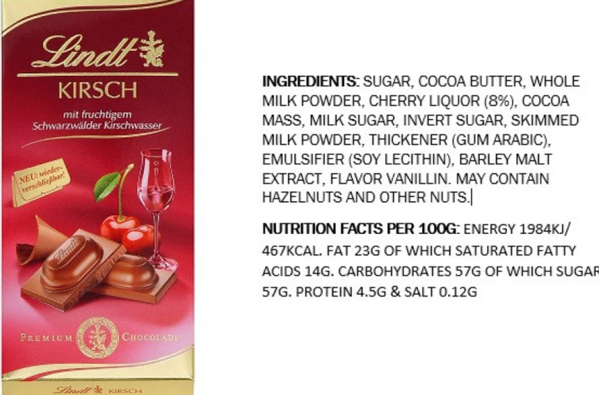 Молочний шоколад із вишневим лікером Lindt Kirsch Premium Chocolate 100г 7842 фото