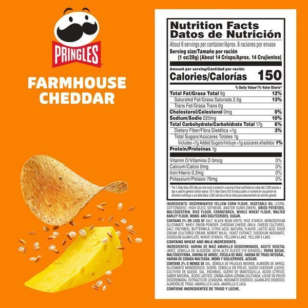 Зерновые чипсы Pringles Harvest Blends Farmhouse Cheddar Potato Chips 158g 6269 фото