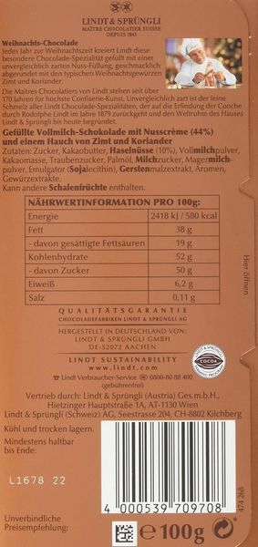 Молочный шоколад Lindt Weihnachts Chocolade Classic 100г 7846 фото