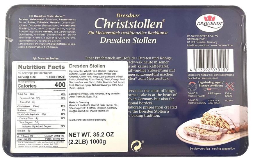 Рождественский штолен Dr. Quendt Dresdner Christstollen Dresden Stollen 1000г 10066 фото