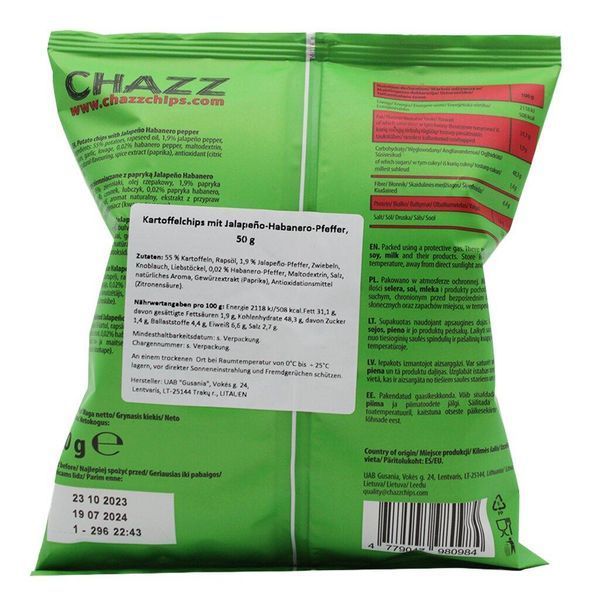 Чипсы Chazz Chips Jalapeno Habanero с перцем 50г 6909 фото