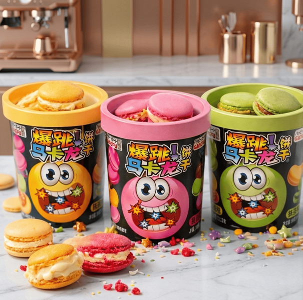 Печенье Макарон Gangfu Creamy Popping Candy с клубничным вкусом и взрывной карамелью 80г 10720 фото