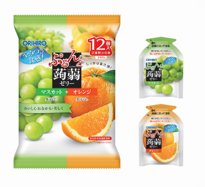 Японская конфета жидкое желе Orihiro Plantdew Konnyaku Jelly Pouch Muscat And Orange 12шт 8030 фото