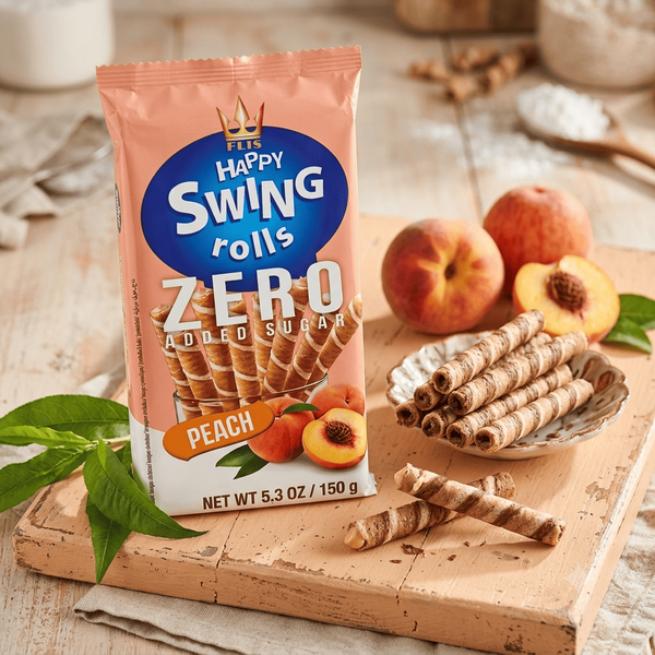 Вафельные трубочки Flis Happy Swing Wafer Rolls Peach Zero Added Sugar 150г 11643 фото