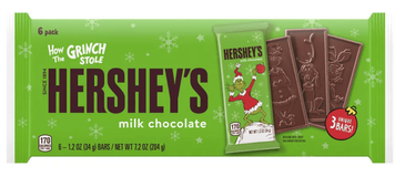 Шоколад Hershey's Grinch Embossed Holiday Milk Chocolate Bars 6шт х 34г 9931 фото