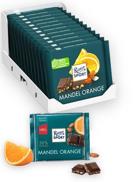 Черный шоколад Ritter Sport Mandel Orange с миндалем и апельсином, 100г 6314 фото