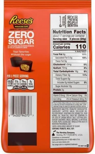 Шоколадні цукерки Reese's Zero Sugar Miniatures Chocolate Peanut Butter Cups 439г 8496 фото