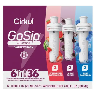 Набір картриджів для напоїв Cirkul Cirkul GoSip Cartridges  Caffeine Variety Pack зі смаками синя малина, чорна вишня, полуниця-кавун 3x2 шт. (8736) фото 1