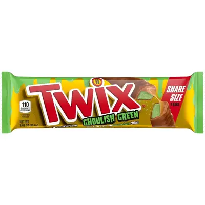Шоколадный батончик Twix Caramel Ghoulish Green Halloween с карамелью 85.6 г (7363) фото 1